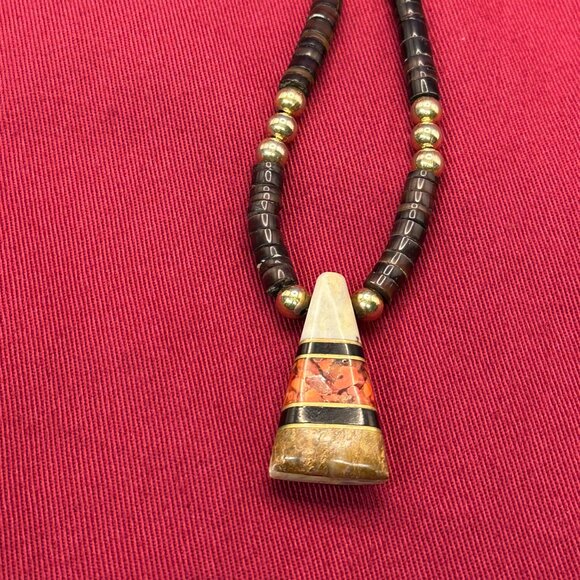 VTG Native American Intarsia Inlay Heishi Pendant Necklace - Picture 2 of 13